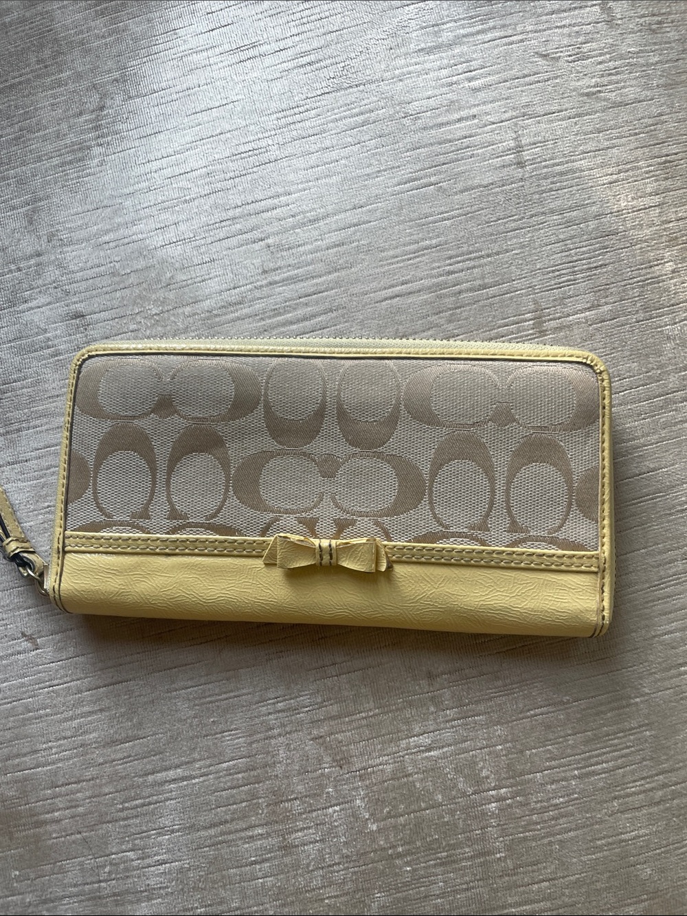 Coach Yellow Trim Signature Canvas Zip Wallet with Bow